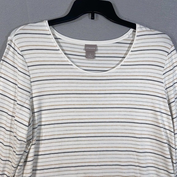 Chicos Top Womens 3 Beige Gray Stretch Scoop Neck Striped Long Sleeve Casual - Picture 3 of 15